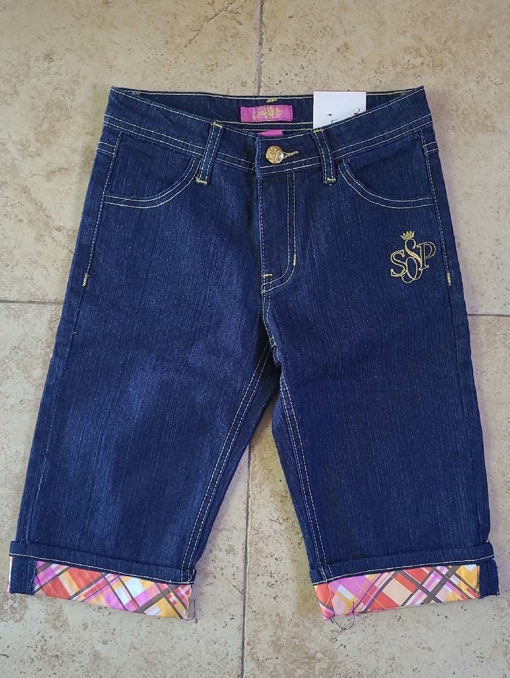 Southpole Dark Wash Denim Capri Shorts with Plaid Cuffs